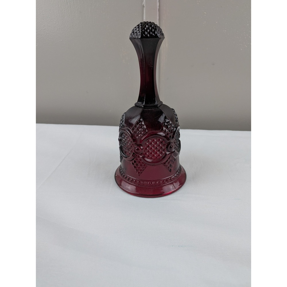 Vintage Ruby Red Glass Dinner Bell Embossed Diamond Pattern Crimson Collectible